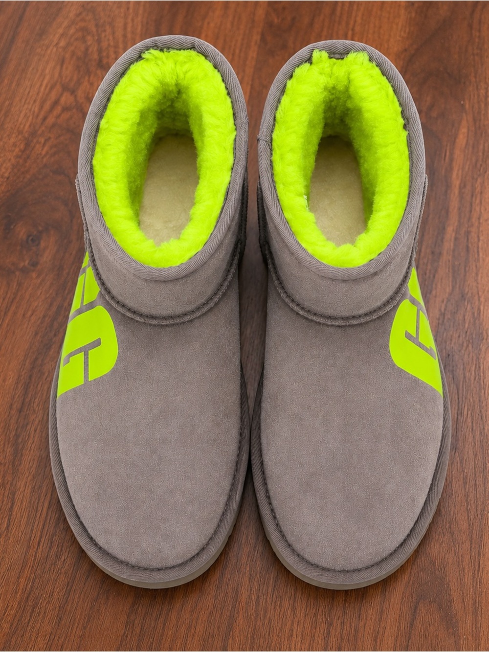 UGG Mini Women Gray Slip-On Boots with Neon Lime Lining (Authentic UGG Boots)